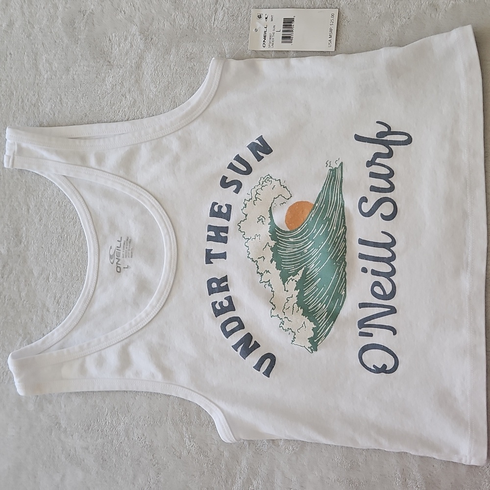 O'Neill White Cropped Tank Top with Wave Graphic: Juniors Large